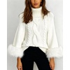 image:imageCHARTOU Women Faux Fur Cuff Cloak Pullover Sweater Turtlenecks Batwing Sleeve Chunky Cable Knitted Jumper TopsWhite
