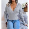 image:imageCHARTOU Womens Fall V Neck Crochet Knit Tunic Batwing Sleeve Babydoll Pullover SweaterGrey