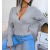 image:imageCHARTOU Womens Fall V Neck Crochet Knit Tunic Batwing Sleeve Babydoll Pullover SweaterGrey