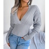 image:imageCHARTOU Womens Fall V Neck Crochet Knit Tunic Batwing Sleeve Babydoll Pullover SweaterGrey