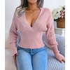 image:imageCHARTOU Womens Fall V Neck Crochet Knit Tunic Batwing Sleeve Babydoll Pullover SweaterPink