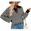 image:imageCHARTOU Womens Fashion Jumper Sweater Loose Fit Zigzag Long Sleeve Lapel Polo Collar PulloverBlack