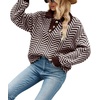 image:imageCHARTOU Womens Fashion Jumper Sweater Loose Fit Zigzag Long Sleeve Lapel Polo Collar PulloverCoffee