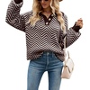 image:imageCHARTOU Womens Fashion Jumper Sweater Loose Fit Zigzag Long Sleeve Lapel Polo Collar PulloverCoffee