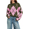 image:imageCHARTOU Women Argyle Crop Sweater Pullover Long Sleeve Loose Knit JumperGreen