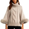 image:imageCHARTOU Women Faux Fur Cuff Cloak Pullover Sweater Turtlenecks Batwing Sleeve Chunky Cable Knitted Jumper TopsKhaki