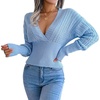 image:imageCHARTOU Womens Fall V Neck Crochet Knit Tunic Batwing Sleeve Babydoll Pullover SweaterBlue