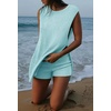 image:imageCHARTOU Women Summer 2 Piece Knit Sweater Set Ribbed Lounge Sleeveless Knitted Vest Tank Top Tunic Matching Set ShortsLake Blue