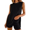 image:imageCHARTOU Women Summer 2 Piece Knit Sweater Set Ribbed Lounge Sleeveless Knitted Vest Tank Top Tunic Matching Set ShortsBlack