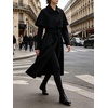 image:imageWomen Wool Blend Pea Coat Long Lapel Belted Poncho Cap Coat Winter OvercoatBlack