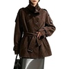 image:imageFaux Suede Trench Coat Women Stand Collar Double Breasted Leather JacketBrown