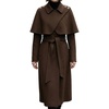 image:imageWomen Wool Blend Pea Coat Long Lapel Belted Poncho Cap Coat Winter OvercoatBrown