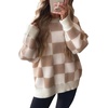 image:imageCHARTOU Women Checkered Knitted Pullover Sweater Color Contrast Crewneck Long Sleeve Jumper TopsKhaki