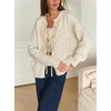 image:imageCHARTOU Women Lace Patchwork Tie Front Cardigan Sweater Fall Crewneck Long Sleeve Fuzzy Knit Outwear CoatBeige