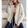 image:imageCHARTOU Women Lace Patchwork Tie Front Cardigan Sweater Fall Crewneck Long Sleeve Fuzzy Knit Outwear CoatBeige