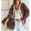 image:imageCHARTOU Women Lace Patchwork Tie Front Cardigan Sweater Fall Crewneck Long Sleeve Fuzzy Knit Outwear CoatBrown