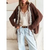 image:imageCHARTOU Women Lace Patchwork Tie Front Cardigan Sweater Fall Crewneck Long Sleeve Fuzzy Knit Outwear CoatBrown