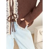 image:imageCHARTOU Women Lace Patchwork Tie Front Cardigan Sweater Fall Crewneck Long Sleeve Fuzzy Knit Outwear CoatBrown