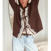 image:imageCHARTOU Women Lace Patchwork Tie Front Cardigan Sweater Fall Crewneck Long Sleeve Fuzzy Knit Outwear CoatBrown