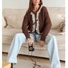 image:imageCHARTOU Women Lace Patchwork Tie Front Cardigan Sweater Fall Crewneck Long Sleeve Fuzzy Knit Outwear CoatBrown