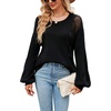 image:imageCHARTOU Womens Knit Loose Fit Crew Neck Hollow Out Lantern Long Sleeve Sweater PulloverBlack
