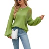 image:imageCHARTOU Womens Knit Loose Fit Crew Neck Hollow Out Lantern Long Sleeve Sweater PulloverGreen