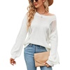 image:imageCHARTOU Womens Knit Loose Fit Crew Neck Hollow Out Lantern Long Sleeve Sweater PulloverWhite