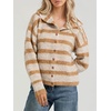 image:imageWomen Contrast Striped Knit Sweater Cardigan Button Down High Collar JacketKhaki
