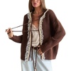 image:imageCHARTOU Women Lace Patchwork Tie Front Cardigan Sweater Fall Crewneck Long Sleeve Fuzzy Knit Outwear CoatBrown