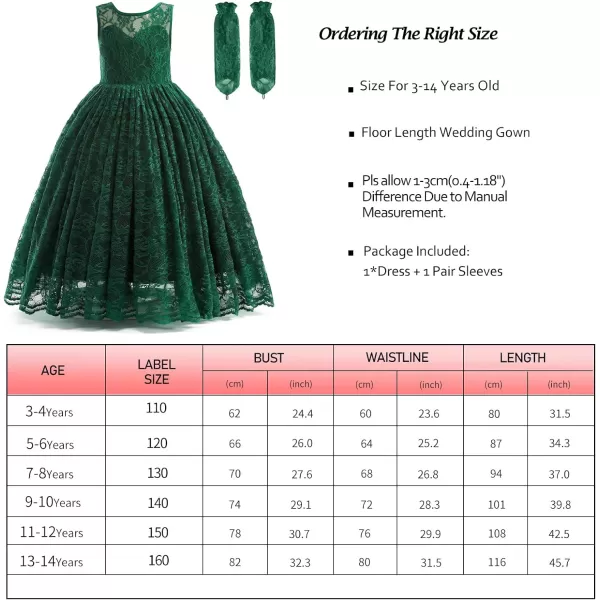 Doragirl Flower Girls Dress Princess with Lace Sleeves for Wedding Party Lace Bridesmaid Dresses Formal Pegeant Dance GownEmerald Green