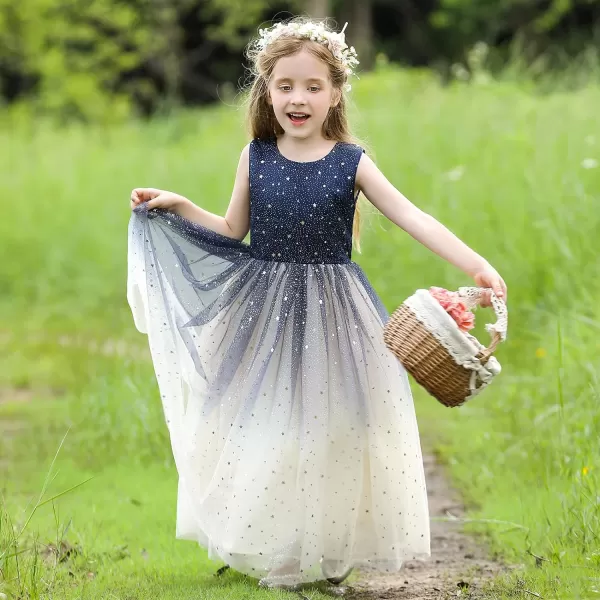 Flower Girls Tulle Dress Bridesmaid Sparkle Wedding Pageant Dresses Princess Birthday PartyNavy Bluechampagne
