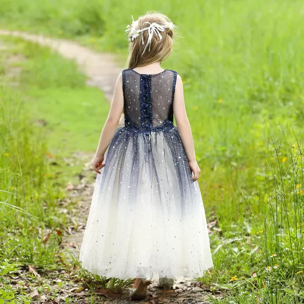 Flower Girls Tulle Dress Bridesmaid Sparkle Wedding Pageant Dresses Princess Birthday PartyNavy Bluechampagne