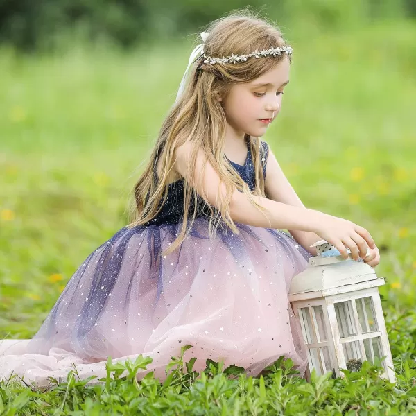 Flower Girls Tulle Dress Bridesmaid Sparkle Wedding Pageant Dresses Princess Birthday PartyNavy Bluedusty Pink