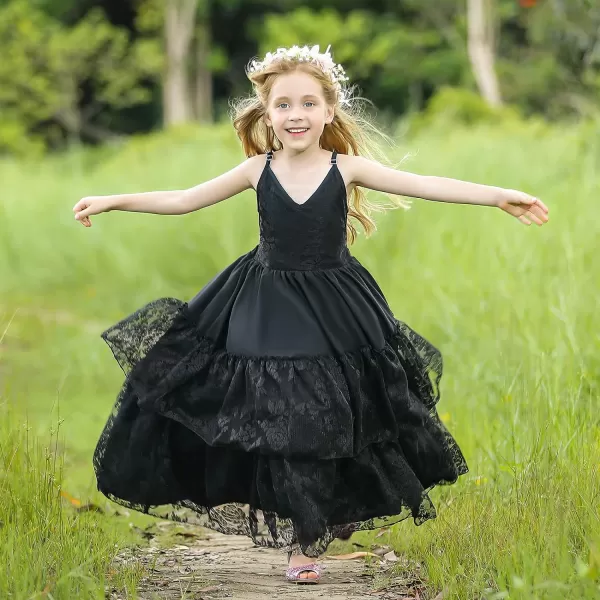 Lace Boho Flower Girl Dress Backless Bridesmaid Formal Tulle Party Little Girls Birthday Dresses HolidayBlack