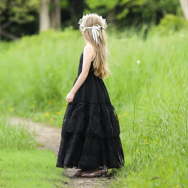 Lace Boho Flower Girl Dress Backless Bridesmaid Formal Tulle Party Little Girls Birthday Dresses HolidayBlack