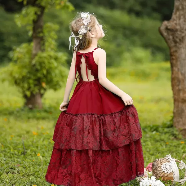 Lace Boho Flower Girl Dress Backless Bridesmaid Formal Tulle Party Little Girls Birthday Dresses HolidayBurgundy