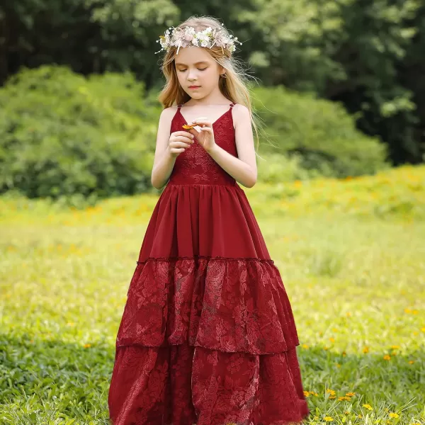 Lace Boho Flower Girl Dress Backless Bridesmaid Formal Tulle Party Little Girls Birthday Dresses HolidayBurgundy