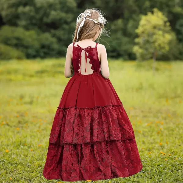 Lace Boho Flower Girl Dress Backless Bridesmaid Formal Tulle Party Little Girls Birthday Dresses HolidayBurgundy