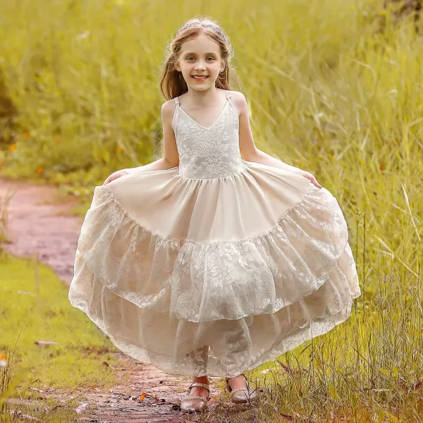 Lace Boho Flower Girl Dress Backless Bridesmaid Formal Tulle Party Little Girls Birthday Dresses HolidayChampagne