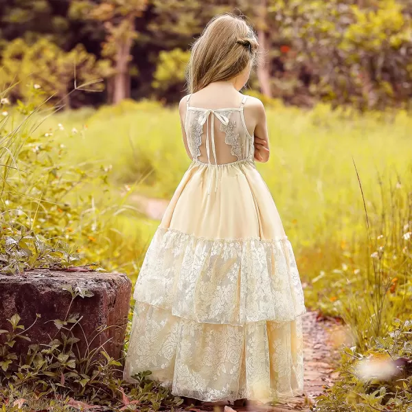 Lace Boho Flower Girl Dress Backless Bridesmaid Formal Tulle Party Little Girls Birthday Dresses HolidayChampagne