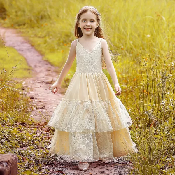 Lace Boho Flower Girl Dress Backless Bridesmaid Formal Tulle Party Little Girls Birthday Dresses HolidayChampagne