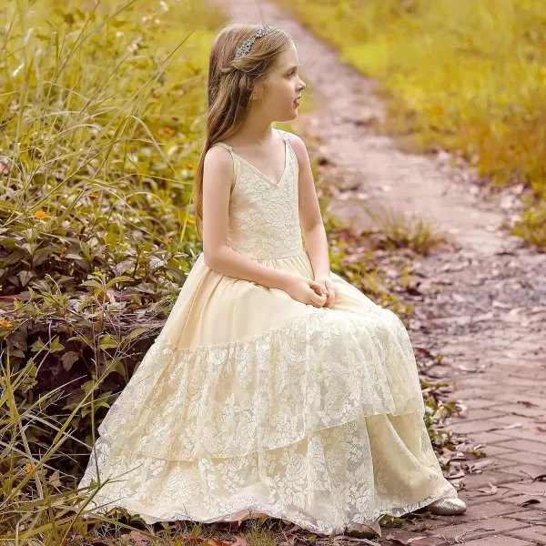 Lace Boho Flower Girl Dress Backless Bridesmaid Formal Tulle Party Little Girls Birthday Dresses HolidayChampagne