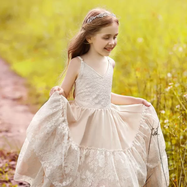 Lace Boho Flower Girl Dress Backless Bridesmaid Formal Tulle Party Little Girls Birthday Dresses HolidayChampagne