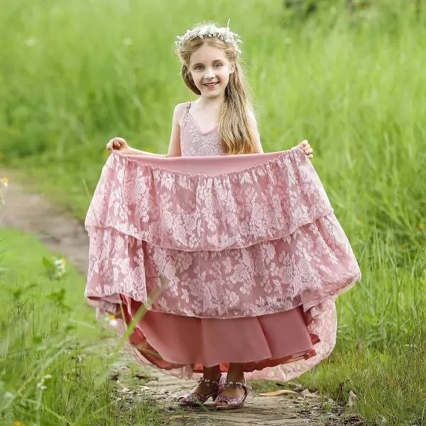 Lace Boho Flower Girl Dress Backless Bridesmaid Formal Tulle Party Little Girls Birthday Dresses HolidayDusty Pink