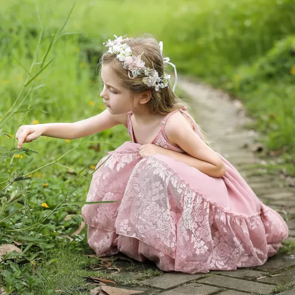 Lace Boho Flower Girl Dress Backless Bridesmaid Formal Tulle Party Little Girls Birthday Dresses HolidayDusty Pink