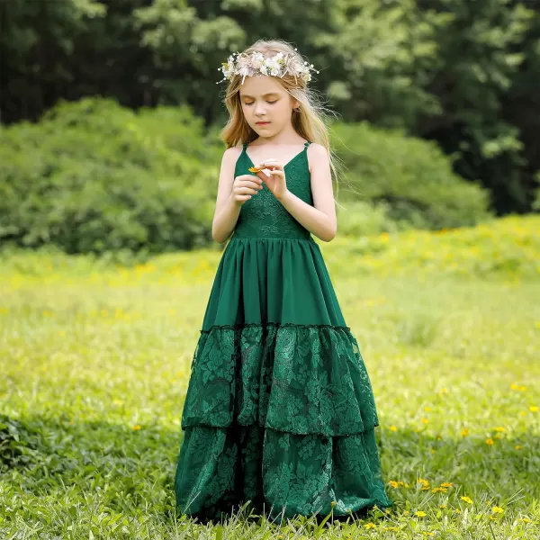 Lace Boho Flower Girl Dress Backless Bridesmaid Formal Tulle Party Little Girls Birthday Dresses HolidayGreen