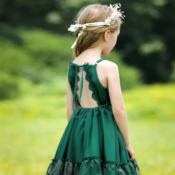 Lace Boho Flower Girl Dress Backless Bridesmaid Formal Tulle Party Little Girls Birthday Dresses HolidayGreen