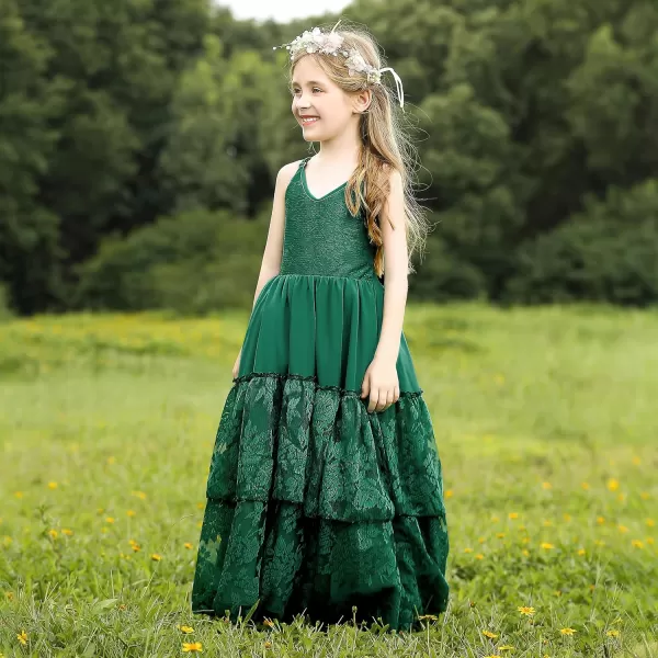 Lace Boho Flower Girl Dress Backless Bridesmaid Formal Tulle Party Little Girls Birthday Dresses HolidayGreen