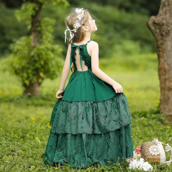 Lace Boho Flower Girl Dress Backless Bridesmaid Formal Tulle Party Little Girls Birthday Dresses HolidayGreen