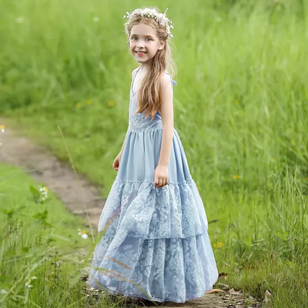 Lace Boho Flower Girl Dress Backless Bridesmaid Formal Tulle Party Little Girls Birthday Dresses HolidayLight Blue